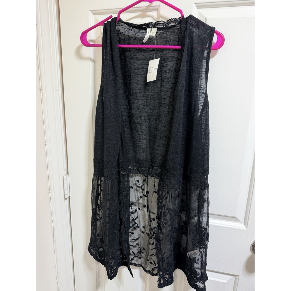 Est 1946 Women's Sz L Black With Lace Open Front Cardigan Sleeveless NEW